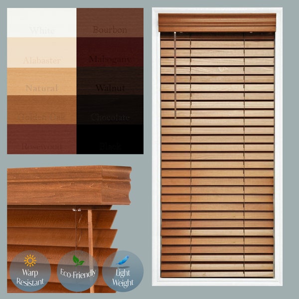 TailorView, Customizable Wood Horizontal Window Cordless Blinds, 2 Inch Slats, Outside or Inside Mount, 10 Colors