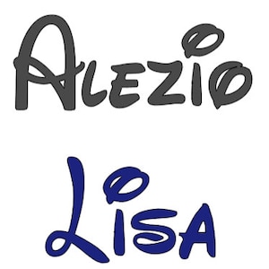 Peut inclure: Deux noms, "Alezio" et "Lisa", écrits dans une police de caractères stylisée avec un style cartoon et fantaisiste. Le nom "Alezio" est en gris, et le nom "Lisa" est en bleu.