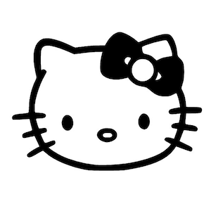 Peut inclure: Dessin au trait noir et blanc du visage d'Hello Kitty avec un grand nœud noir sur la tête.