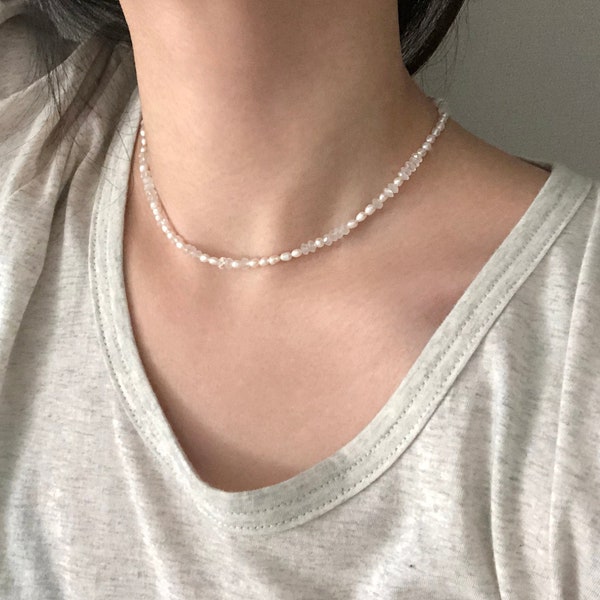 Rainbow Moonstone and Freshwater Pearl Necklace, Moonstone Necklace, Gemstone Necklace, Pearl Choker, Gift Idea, Gift For Her