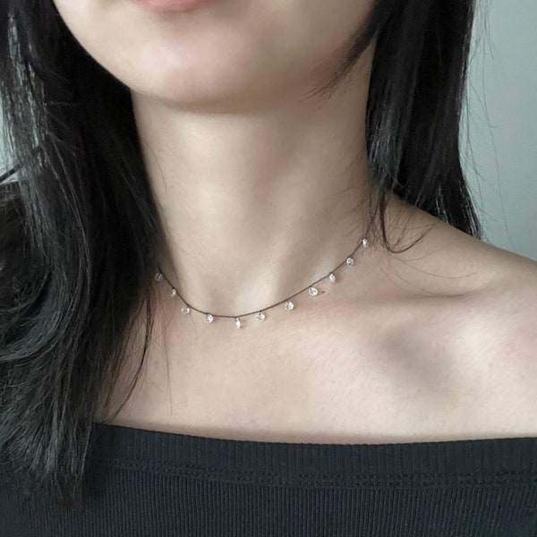 Zircon Dangle Necklace, Dainty Zircon Necklace, Ruthenium Plating Silver, Bridal Necklace, Gemstone Necklace, Dangle Choker, Gift Idea