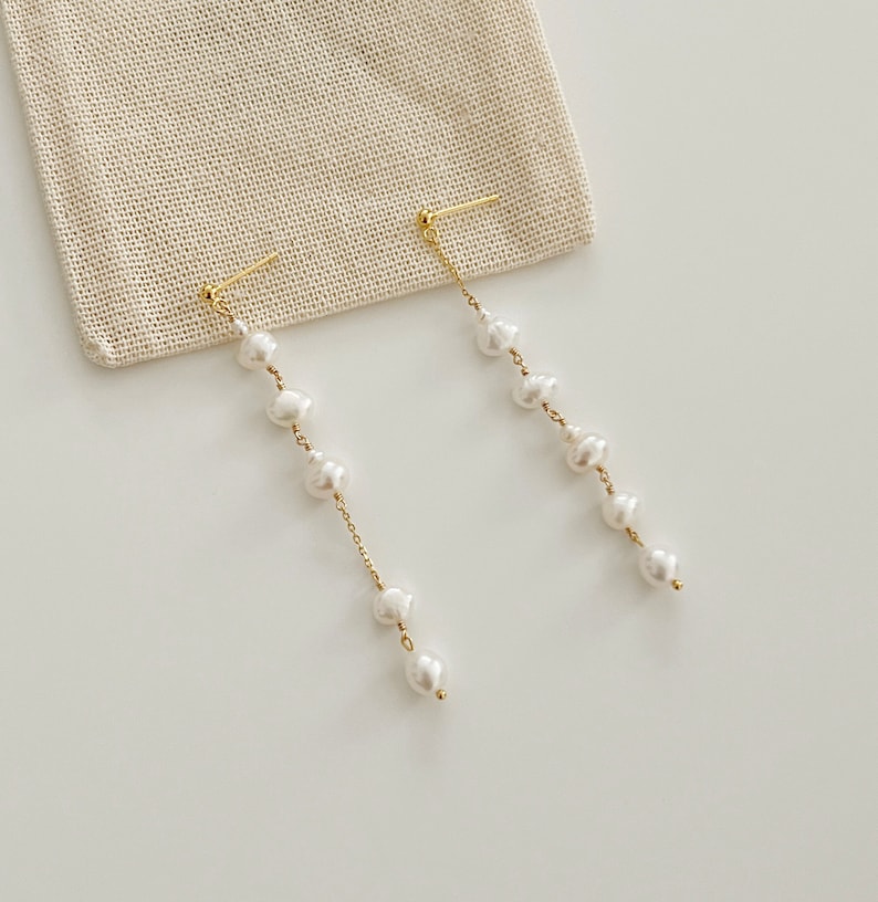 Unbalanced Freshwater Pearl Drop Earrings, Pearl Dangle Earrings, Bridal earrings, Pearl Earrings, Bridesmaid Gift, Gift Idea image 1
