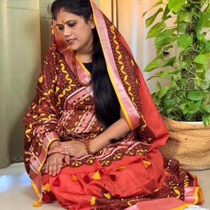 Kosh By Sanyukta Exclusive Hand-painted Madhubani Cotton Red Saree. World wide free delivery.