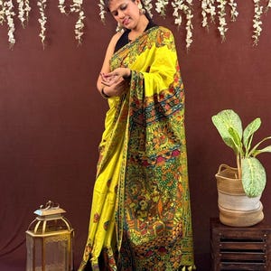 Kosh By Sanyukta Exclusive Hand-painted Madhubani Cotton Saree. World wide free delivery