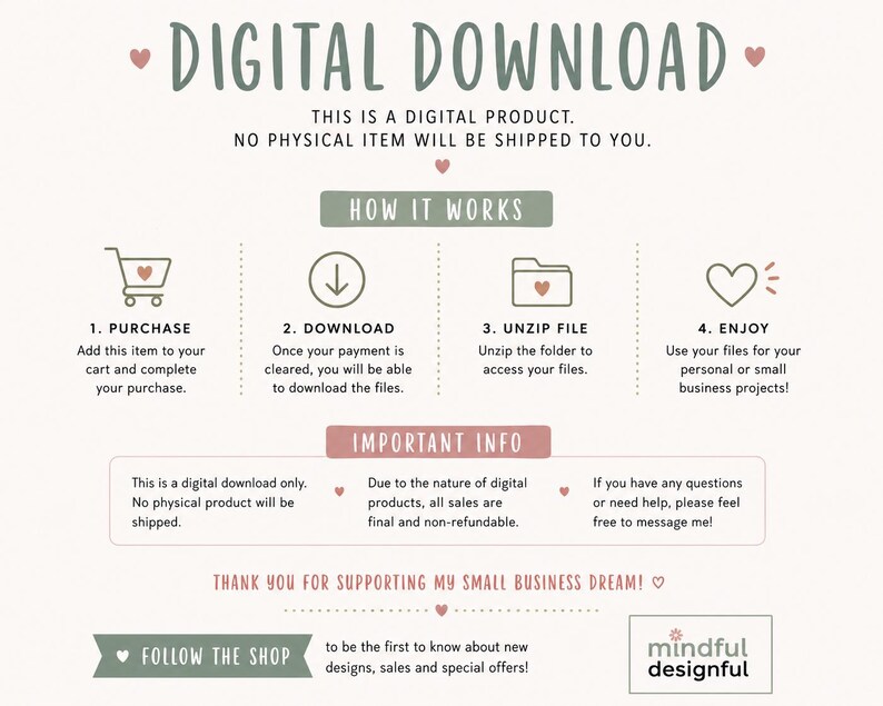 May include: A digital download graphic with instructions. The text reads "DIGITAL DOWNLOAD" and "HOW IT WORKS" with steps to purchase, download, unzip, and enjoy. Additional text includes "IMPORTANT INFO" and "THANK YOU FOR SUPPORTING MY SMALL BUSINESS DREAM!"