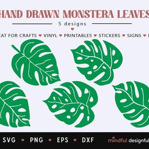 May include: Green hand-drawn Monstera leaves in five different designs. The text reads "Hand Drawn Monstera Leaves" and "5 designs". Additional text includes "Great for crafts, vinyl, printables, stickers, signs, DIY". File types include SVG, PNG, EPS, and DXF.