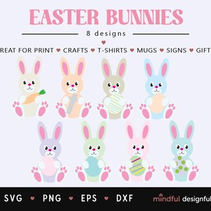 Op de afbeelding: Een digitale illustratie met acht kleurrijke paashaasontwerpen. Elke haas heeft een andere pastelkleur en houdt een paasei of wortel vast. De tekst bovenaan luidt "EASTER BUNNIES" en "8 designs". Extra tekst is "GREAT FOR PRINT CRAFTS T-SHIRTS MUGS SIGNS GIFTS".