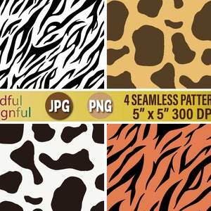Pacchetto di motivi animali senza cuciture, carta digitale con stampa animale, motivo digitale zebra, motivo mucca, motivo tigre, motivo giraffa, PNG JPG