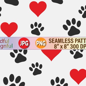 | de papier numérique d’impression de patte | d’impression de pattes de chien | sans couture de la patte et du cœur du chien Modèle pour chien Bandana | PNG JPG