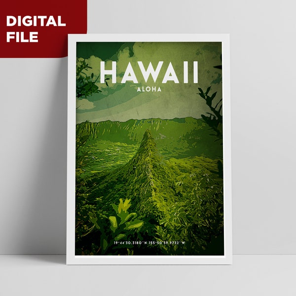 Hawaii Travel Poster Print |  Vintage Hawaii Wall Art | Home Decor Souvenir | Instant Digital Download | Nature Landscape of Hawaii