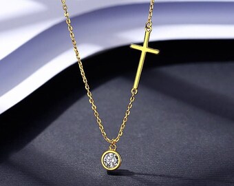 Oriana Sideways Golden Cross Necklace on Sterling Silver - Symbolic Spiritual Elegance UK