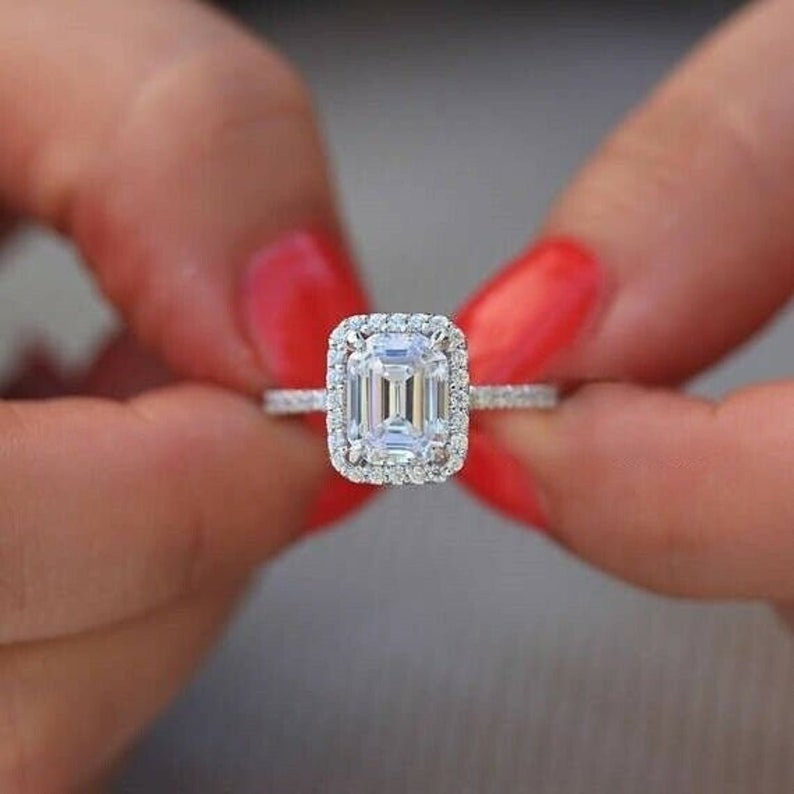 2.5Ct Emerald Cut Full White Moissanite Diamond Halo 4 Prong Fancy Engagement And Wedding Ring 14k Solid Gold Ring 925 Sterling Silver Ring