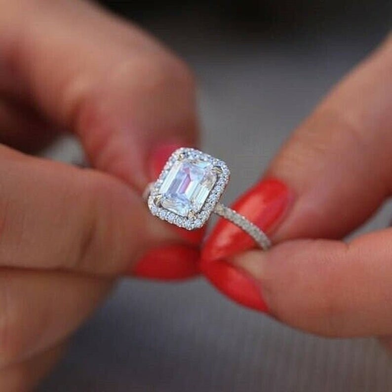 2.5Ct Emerald Cut Full White Moissanite Diamond Halo 4 Prong Fancy Engagement And Wedding Ring 14k Solid Gold Ring 925 Sterling Silver Ring