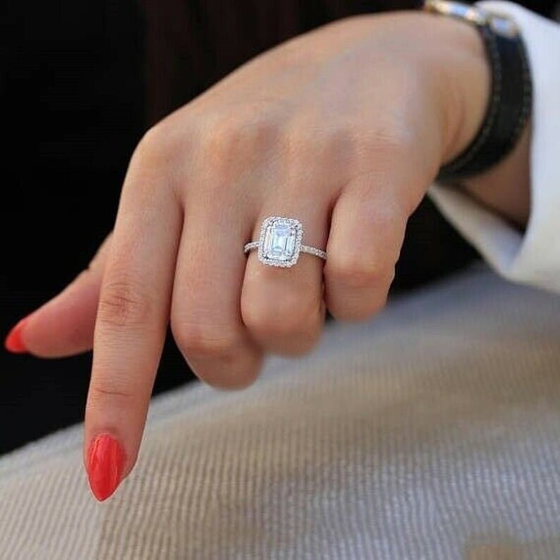 2.5Ct Emerald Cut Full White Moissanite Diamond Halo 4 Prong Fancy Engagement And Wedding Ring 14k Solid Gold Ring 925 Sterling Silver Ring