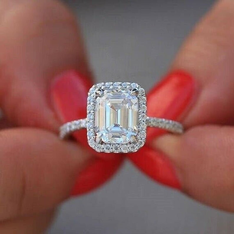 2.5Ct Emerald Cut Full White Moissanite Diamond Halo 4 Prong Fancy Engagement And Wedding Ring 14k Solid Gold Ring 925 Sterling Silver Ring
