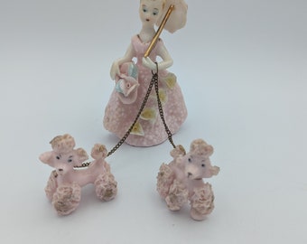 Vintage Victorian Lady with 3D Flowers, Parasol, 2 Spaghetti Poodles - Pink - Artmark Originals Japan free shipping, make offer