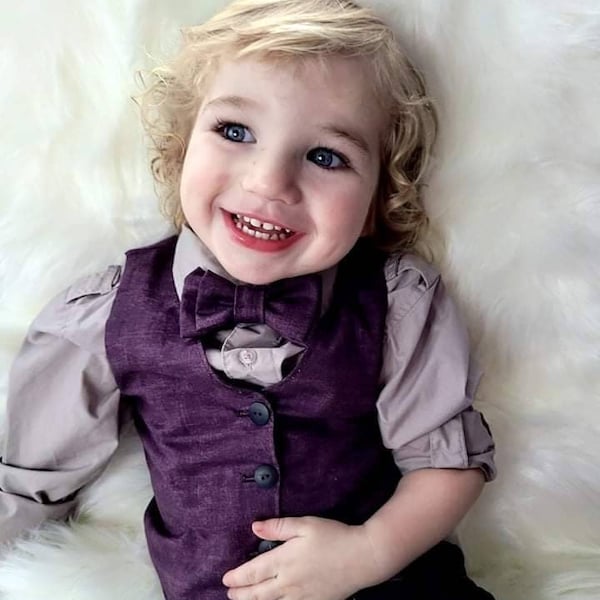 Little Boy Purple Vest, Purple Vest and Bow Tie for Boy, Grandson Gift, Boy Suspenders, Boy Christmas Clothing Set, Toddler Boy Christmas