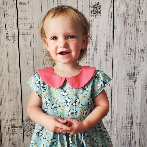 Handmade Little Girl Spring Dress, Peter Pan Collar Spring Dress, Umbrella Pattern Little Girl Dress, Special Occasion Spring Dress, Dress