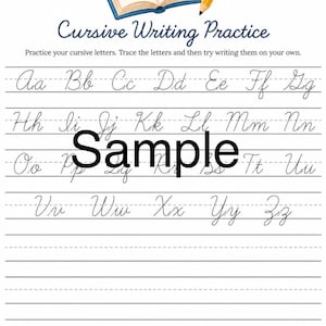 May include: A cursive writing practice worksheet featuring an open book and pencil illustration at the top. The text reads Cursive Writing Practice, Practice your cursive letters. Trace the letters and then try writing them on your own. The alphabet is shown in cursive script on lined paper.