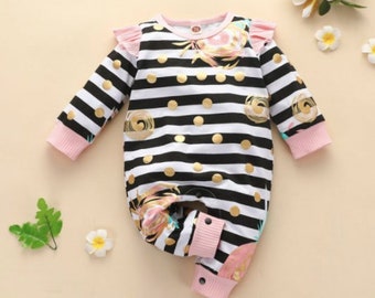 Striped polka dot baby girl outfit, baby girl clothes, cute design jumpsuit romper