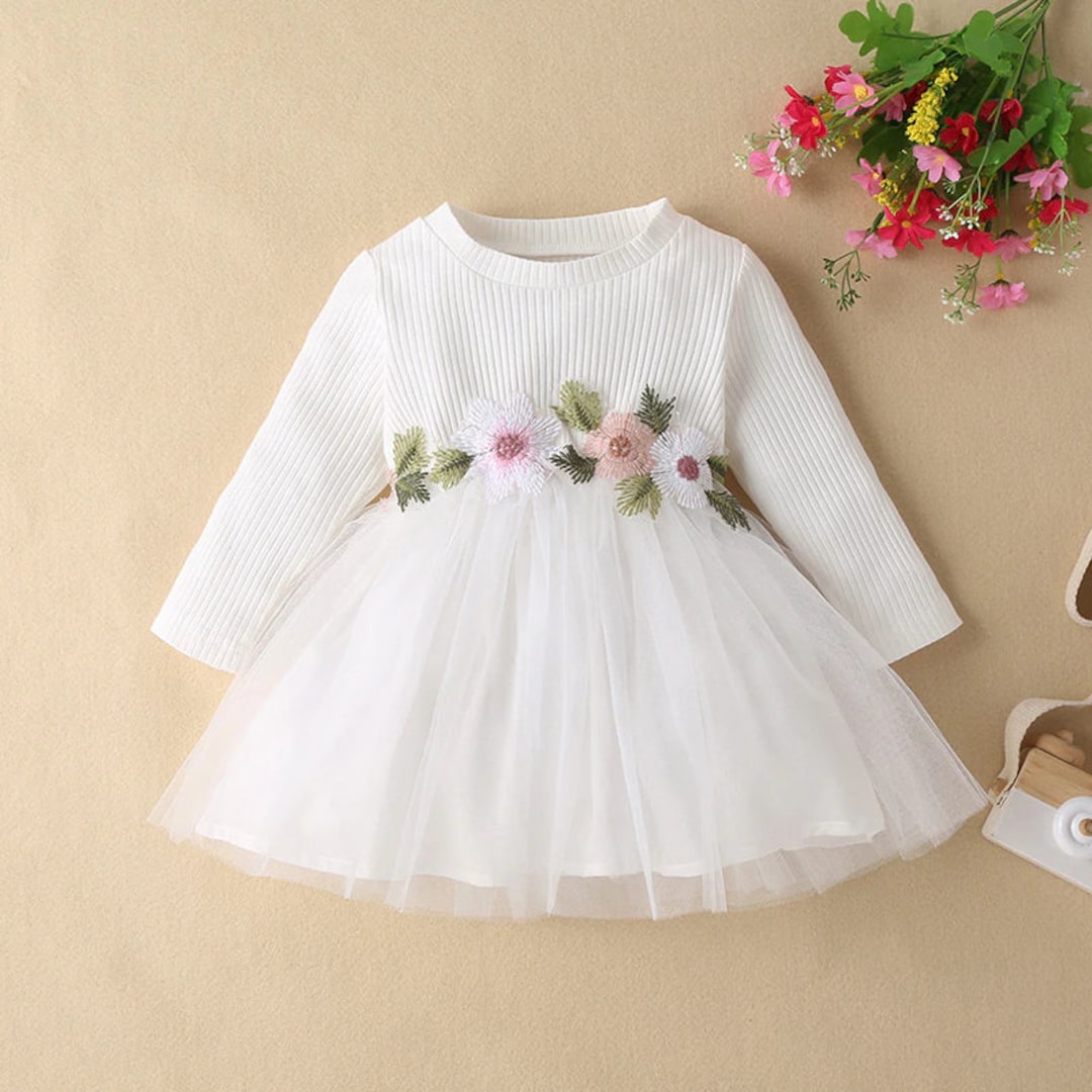 Beautiful White Baby Occasion Dress With Flowers, Baby Floral