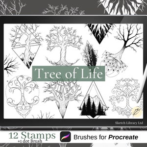 Könnte beinhalten: Eine digitale Illustration von 12 Baum des Lebens Stempeln für Procreate. Die Stempel sind schwarzweiß und zeigen verschiedene Stile von Bäumen, darunter kahle Äste, belaubte Bäume und stilisierte Bäume. Der Text "Tree of Life" wird in einer großen Schriftart oben im Bild angezeigt. Der Text "12 Stamps + 1 dot Brush" wird unten im Bild angezeigt.