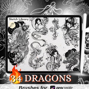 May include: A digital illustration of 34 dragon designs for use with the Procreate app. The designs are in black and white and feature various dragon poses and styles.