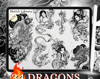 34 DRAGONS, brushes for procreate, for Ipad and Ipad pro, Tattoo stamps, stencil,