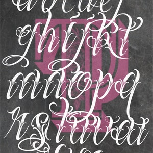 May include: A white cursive alphabet with decorative flourishes on a dark gray background.
