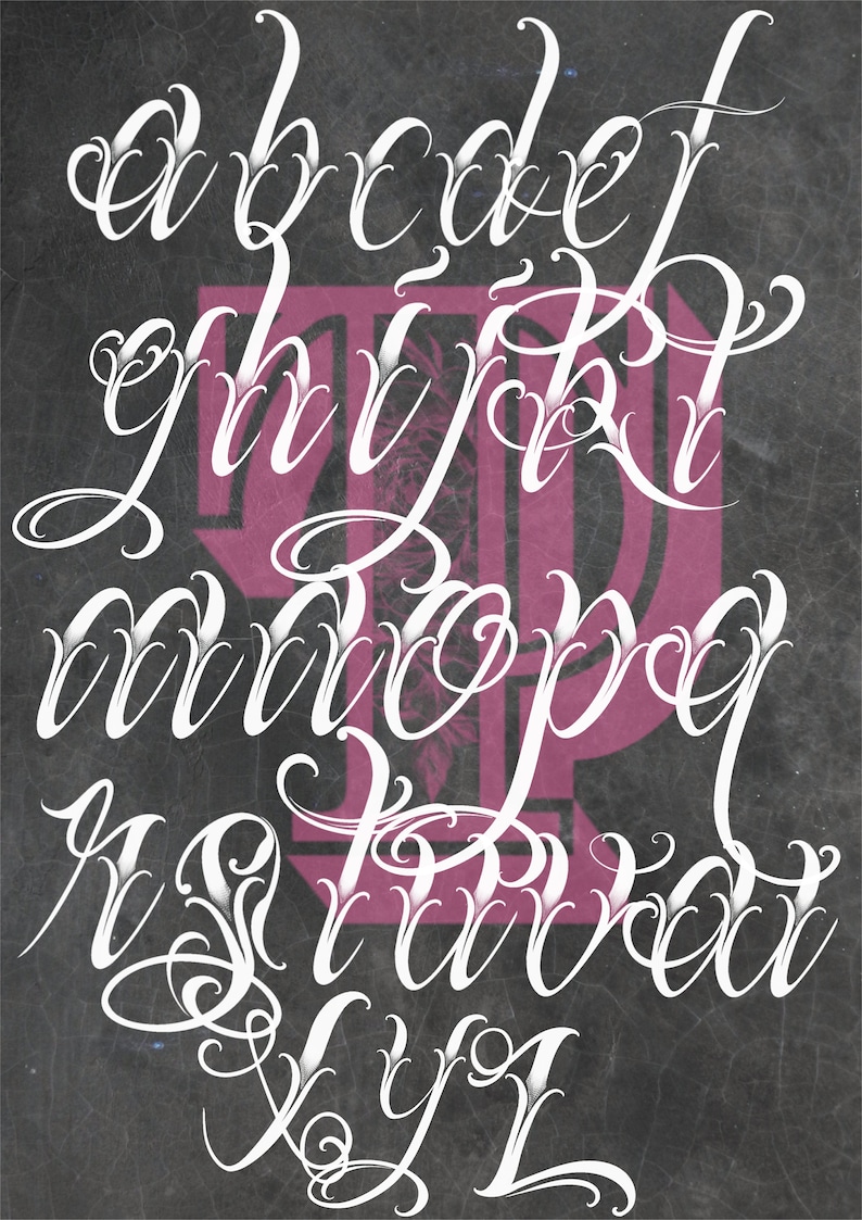 May include: A white cursive alphabet with decorative flourishes on a dark gray background.