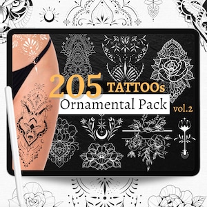 May include: A digital art display featuring a collection of 205 ornamental tattoo designs. The designs are in black and white, showcasing floral, geometric, and animal motifs. The word "TATTOOS" is prominently displayed, along with the text "Ornamental Pack vol.2".