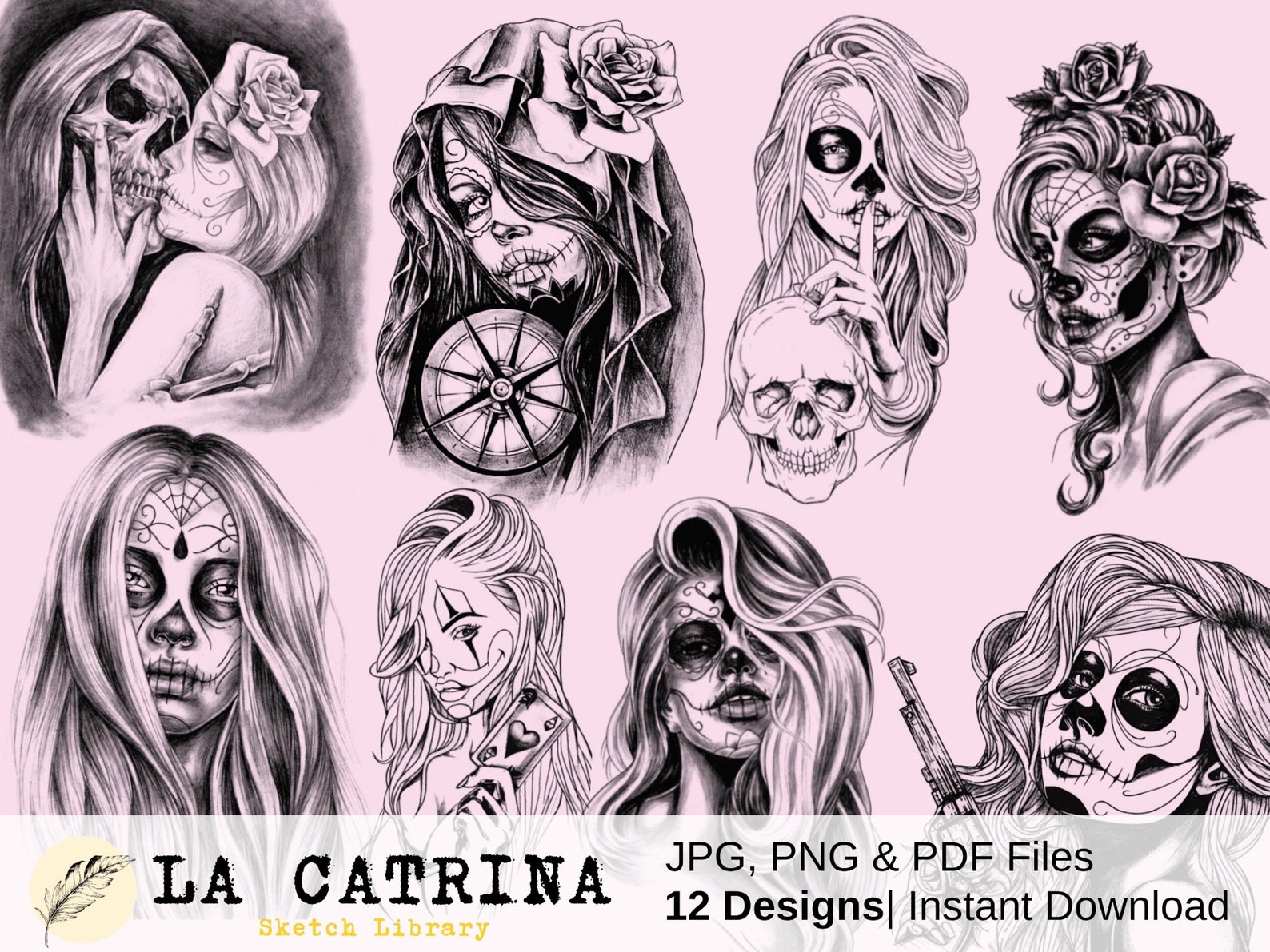 12 La Catrina Tattoo Design Digitals Stamps Coloring Book Etsy