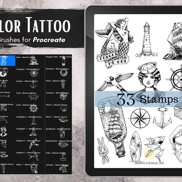 Sailor Tattoo Stamps  // 33 Brushes for Procreate, tattoo digital  stamps for iPad, tattoo stencil, sea, commercial license