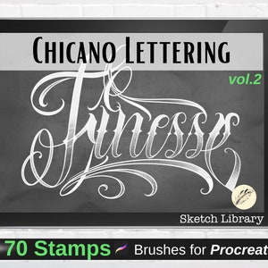 52 letras de tatuaje chicano VOL2, 2 alfabetos: mayúsculas, minúsculas, remolinos y pinceles de cuadrícula para Procreate, iPad y iPad Pro