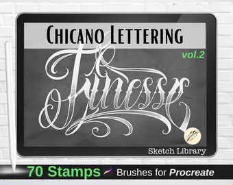 52 Chicano Tattoo Letters VOL2, 2 alphabets : uppercase, lowercase, swirls and grids brushes for procreate, Ipad & IPad Pro
