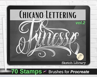 52 Chicano Tattoo Letters VOL2, 2 alphabets : uppercase, lowercase, swirls and grids brushes for procreate, Ipad & IPad Pro