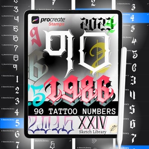 90 NUMBERS Chicano & Graffiti Style Brushes for Procreate, tattoo stamps, stencil, design, calligraphy, ipad pro