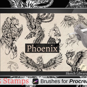 15 Phoenix tattoo stamps // Brushes for procreate, outline drawing for tattoo stencil