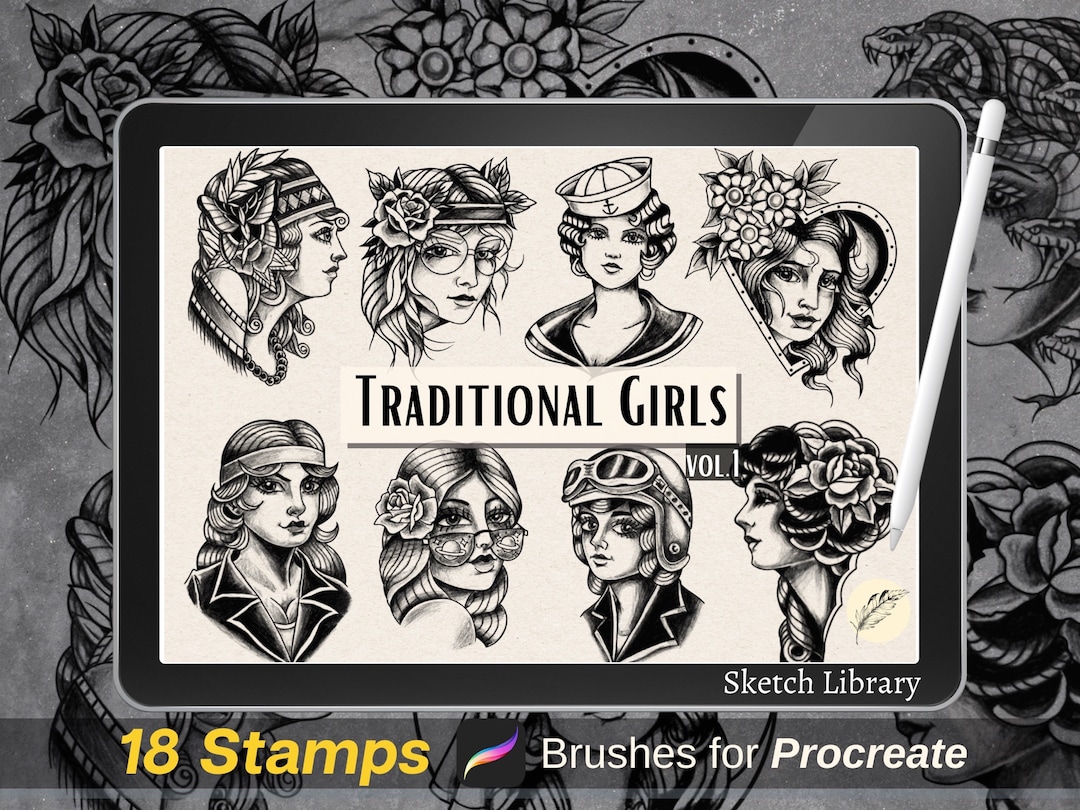 18 Traditional Girls Tattoo Stamps // Brushes for Procreate - Etsy
