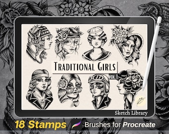 18 Traditional Girls Tattoo stamps // Brushes for Procreate