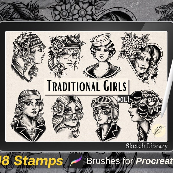 18 Traditional Girls Tattoo stamps // Brushes for Procreate