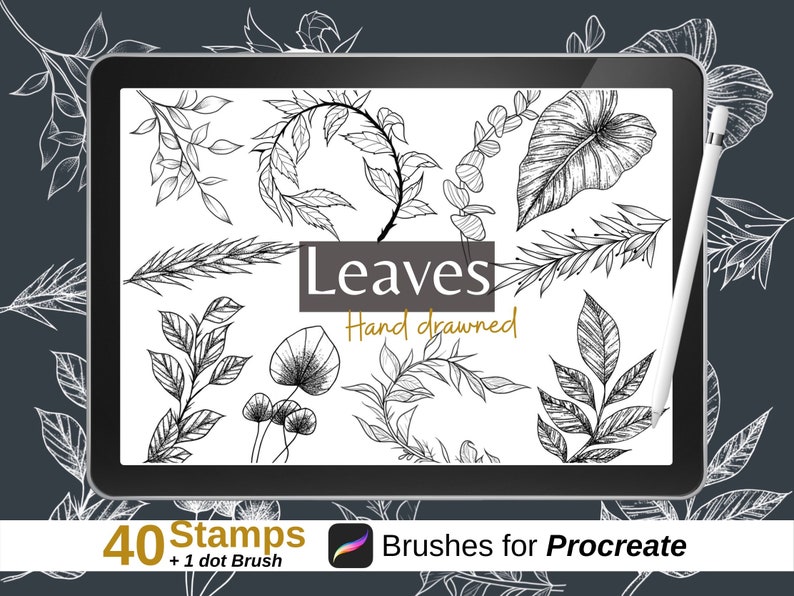 May include: A digital tablet screen displaying 40 hand-drawn leaf stamps and brushes for Procreate. The text "Leaves Hand drawn" is displayed on the screen. The tablet is surrounded by a black background with white leaf designs.
