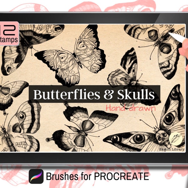 12 Butterflies & Skulls, Brushes for Procreate, tattoo stamps, insects and symbolic patterns brush set, procreate stamp