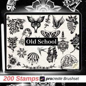 May include: A digital illustration of 200 old school tattoo style stamps for use in the Procreate app. The stamps include images of flowers, butterflies, daggers, a tiger, a ship, an umbrella, a spider web, a skull, a rose, a heart, a bird, a pin-up girl, and a razor.