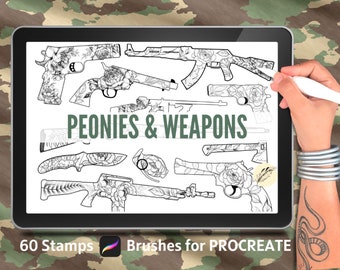 May include: A digital tablet screen displaying 60 black and white stamps of various weapons decorated with peonies. The text "PEONIES & WEAPONS" is displayed on the screen. The text "60 Stamps" and "Brushes for PROCREATE" are displayed below the screen.