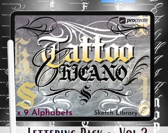 9 Alphabets, 234 Chicano / Gothic Letters brushes for Procreate, font, tag, tattoo, calligraphy, typography for Ipad & Ipad Pro