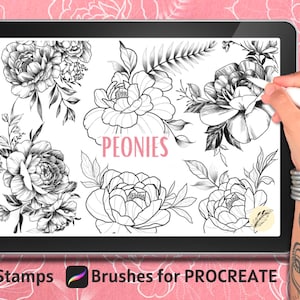 50 Peonies & Leaves Tattoo Stamps + 1 BRUSH DOTWORK - Commercial Use,  Procreate brushes, flowers design, peony procreate