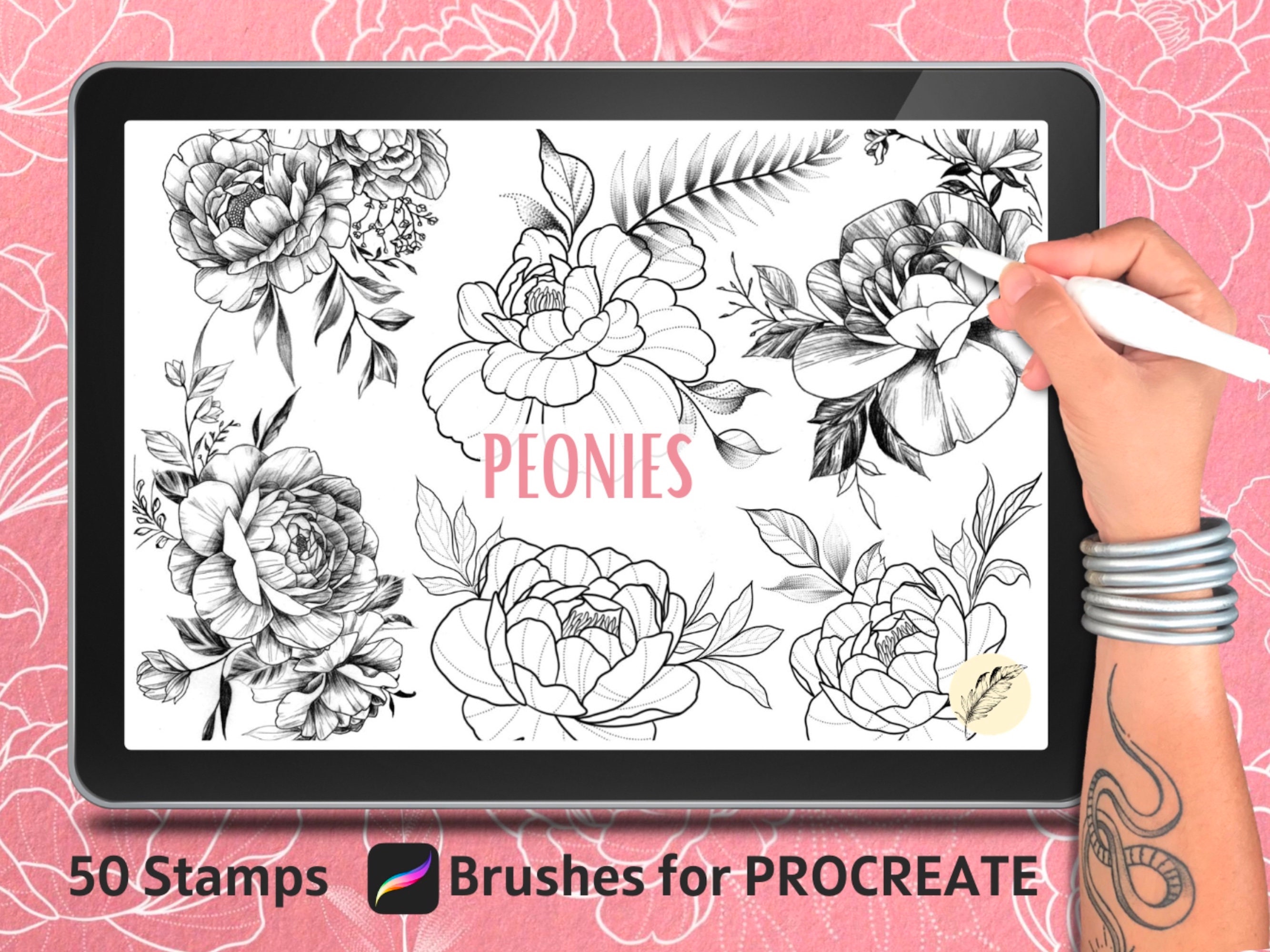 50 Peonies & Leaves Tattoo Stamps + 1 BRUSH DOTWORK - Commercial Use,  Procreate brushes, flowers design, peony procreate