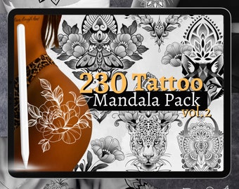 230 Mandala brushses for procreate vol.2 // tattoo stamps, mandala, insect, butterfly, tiger, wolf, peony, animals, unlimited creation