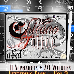 Pode incluir: Uma ilustração digital de um pacote de letras para usar em arte digital. O pacote inclui 11 alfabetos e 70 volutas. A imagem mostra uma amostra da letra em preto e vermelho sobre um fundo cinza. O texto "Chicano Tattoo" é mostrado no centro da imagem. O texto "11 Alphabets + 70 Volutes Lettering Pack - Vol. 3" é mostrado na parte inferior da imagem.
